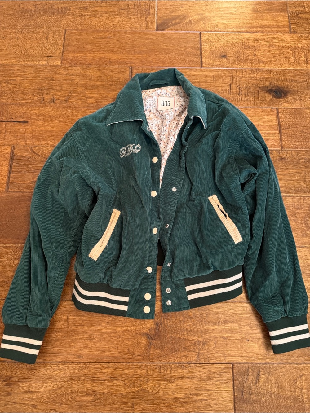 BDG Green Corduroy Varsity Jacket with Cream Trim
